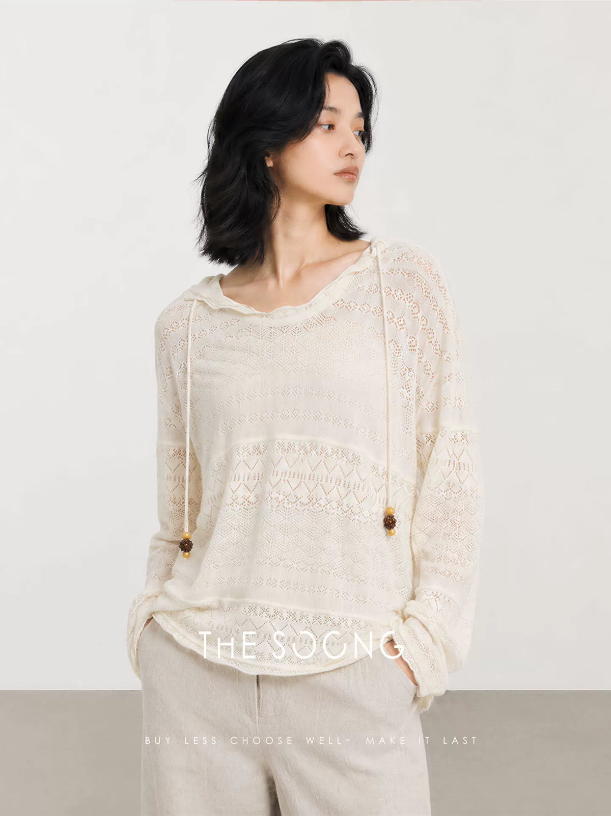 THESOONG/Modal Hollow Knit for Women, Long Sleeve Thin Summer Vacation Style Cardigan HWTX9308