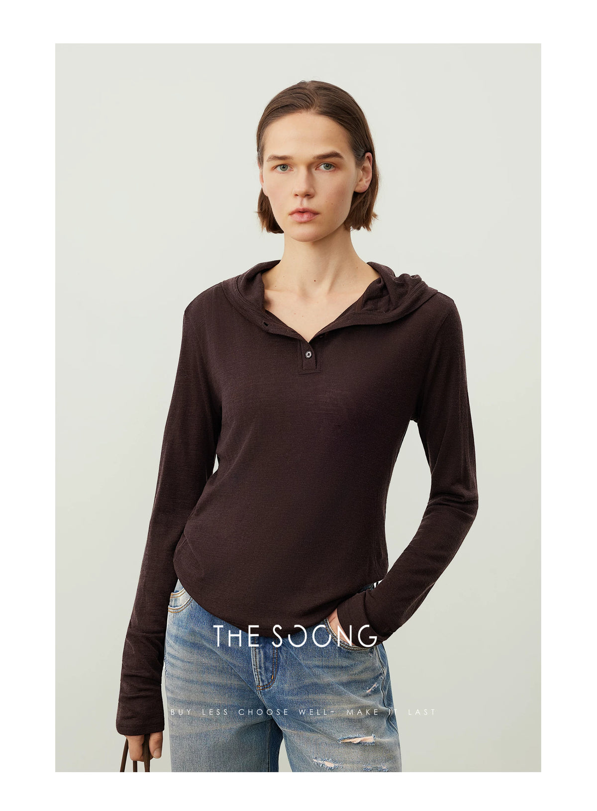 THESOONG/Autumn and Winter Lightweight 100% Pure Wool Classic Henley Collar Black Hoodie Long Sleeve Base Shirt 7430