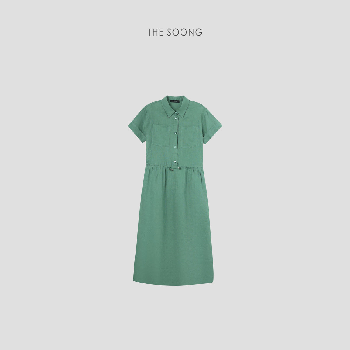 THESOONG/Shirt Dress: Summer Thin 100% Linen Washed Long Skirt Waist-Cinching Drawstring Dress 6732