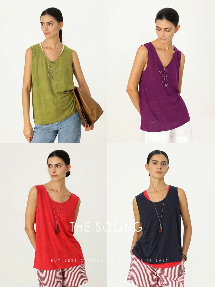 THESOONG/Foggy Light Gauze Summer Pure Linen Lightweight Breathable Texture U-Neck Thin Women's Vest 6826