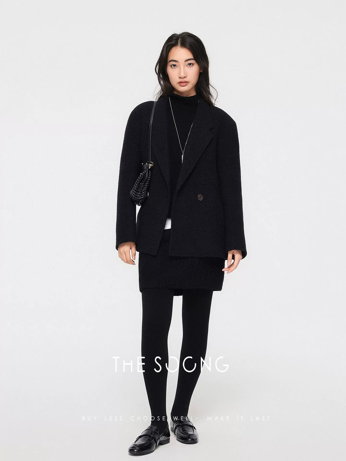 THESOONG/Autumn/Winter Black Wool Coat Women's Loose Thickened Warm Reversible Tweed Suit Jacket 7651
