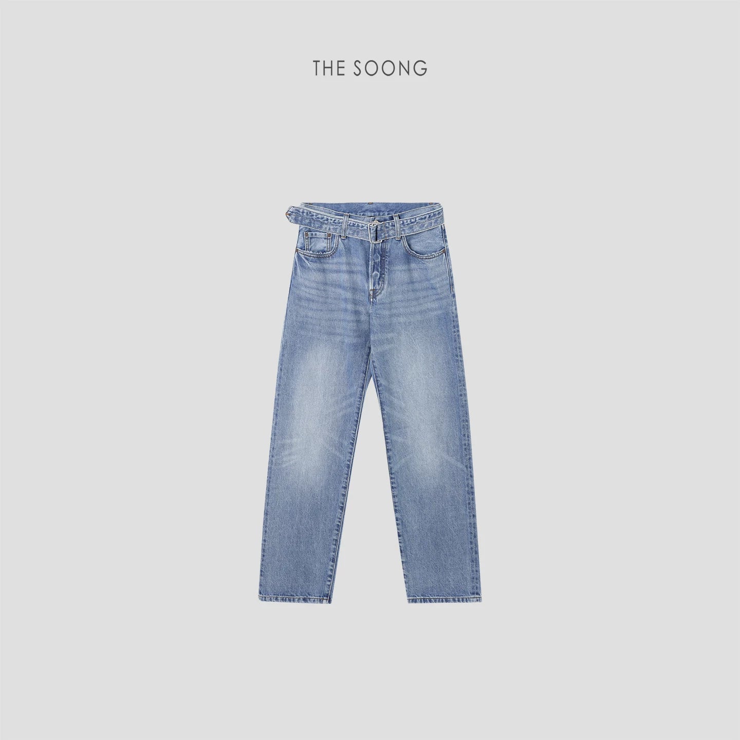 THESOONG/Spring new pure cotton low-rise buttoned non-stretch straight jeans with belt for women 7631