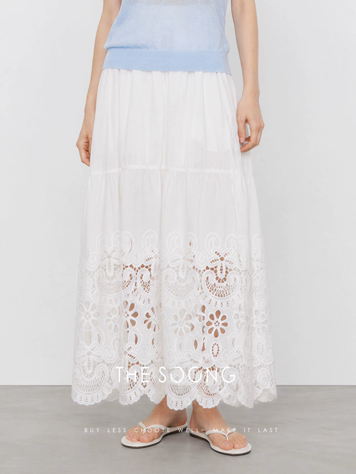 THESOONG/White ramie cotton water-soluble hollow-out embroidered midi skirt for women, high-waisted slimming A-line long skirt 9414