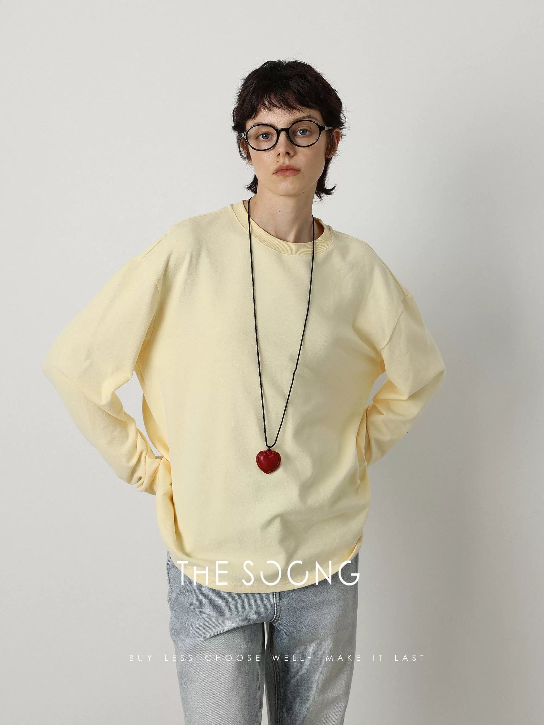 THESOONG/ 40-count glutinous rice plush simple versatile basic crewneck T-shirt warm comfortable base sweatshirt for women