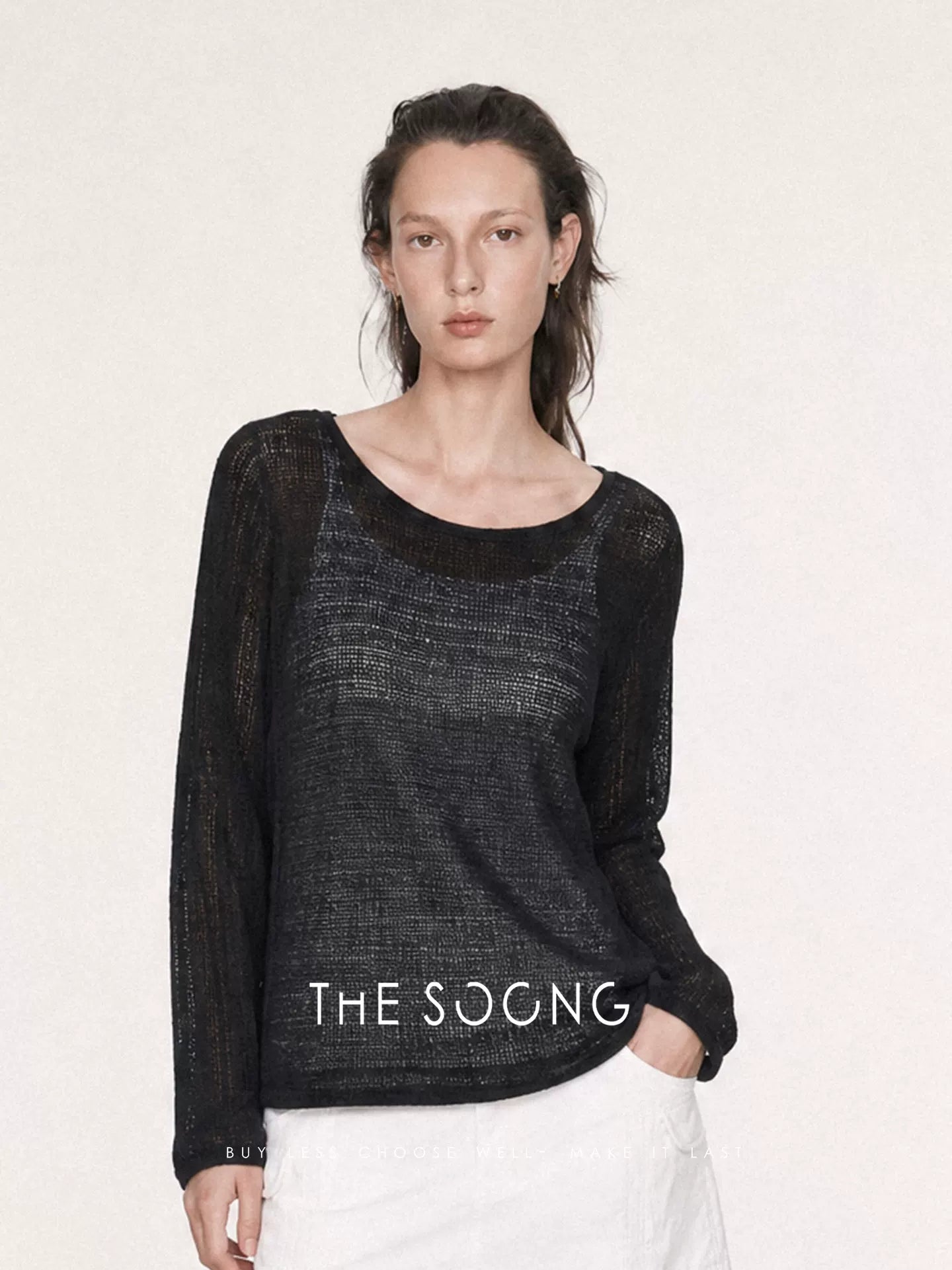 THESOONG/Breathable Texture Summer Linen Tencel Blend Hollow Long-Sleeve Sun-Protective Knit Shirt for Women 9120
