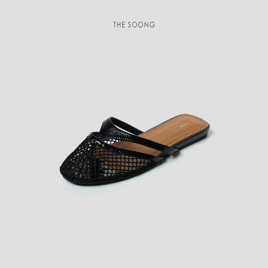 THESOONG/Leather Mesh Shoes Classic Hollow Breathable Fishnet Open-Toe Flat Slippers 7111