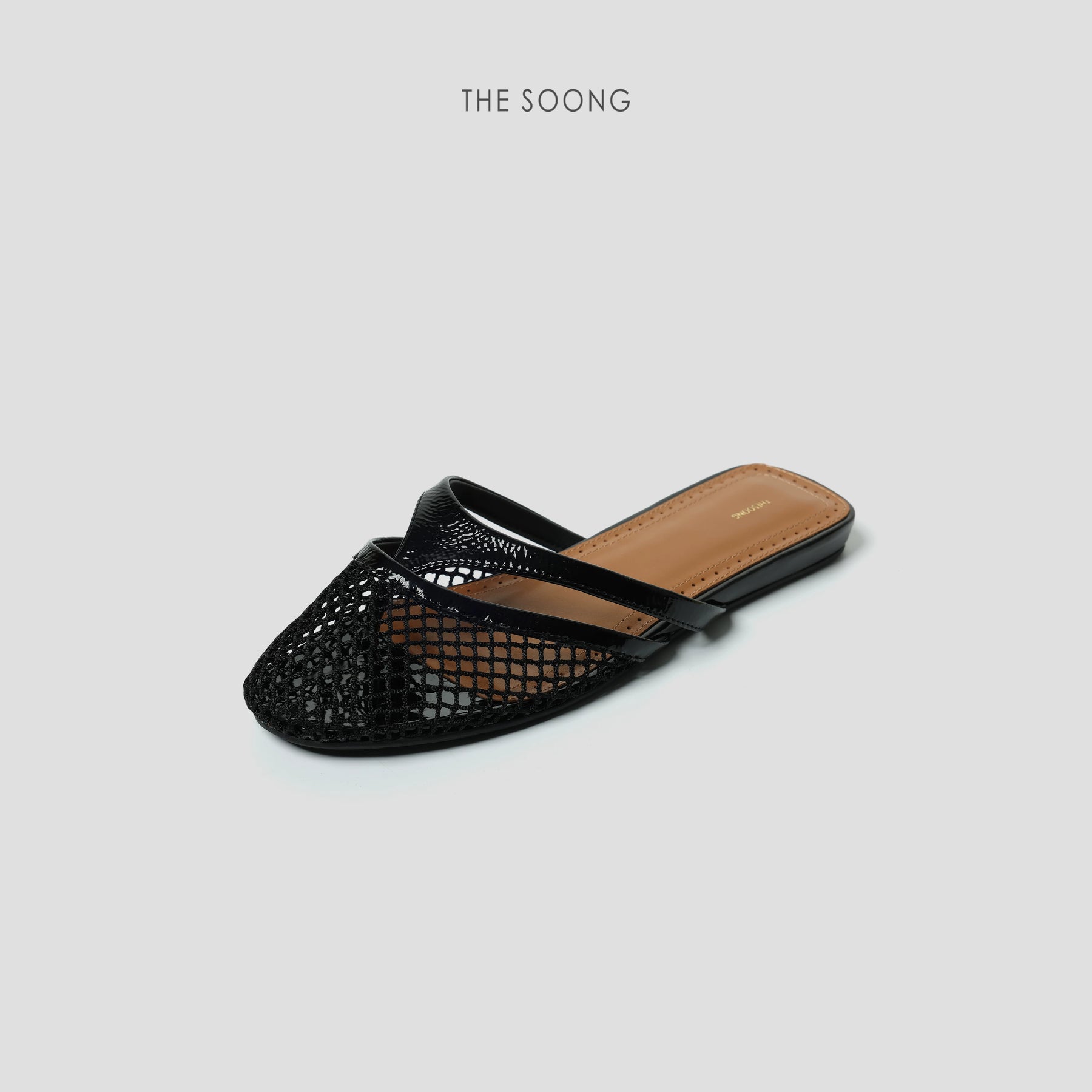 THESOONG/Leather Mesh Shoes Classic Hollow Breathable Fishnet Open-Toe Flat Slippers 7111