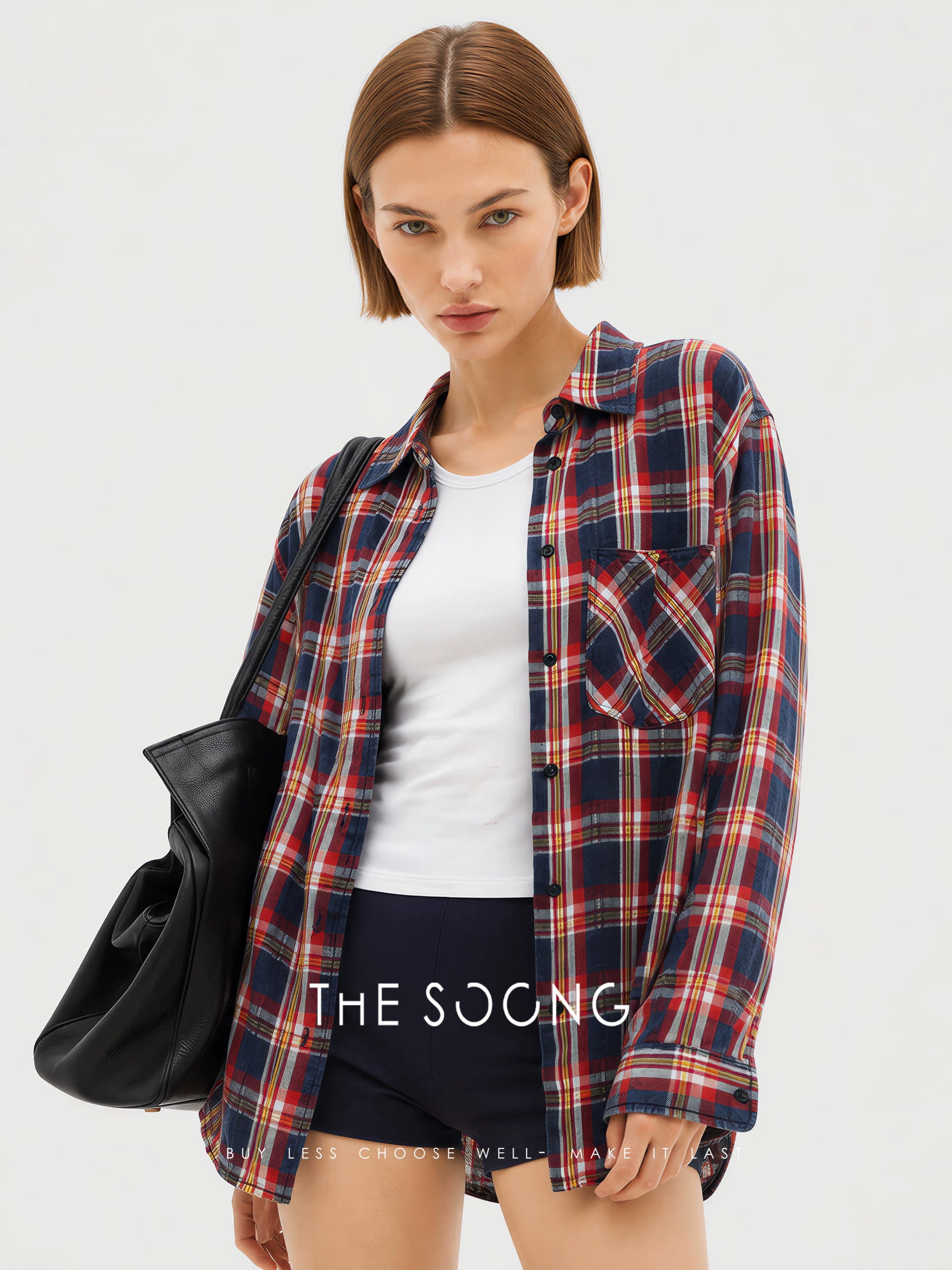 THESOONG/Nostalgic check color woven denim plaid heavy washed casual women's shirt 7740