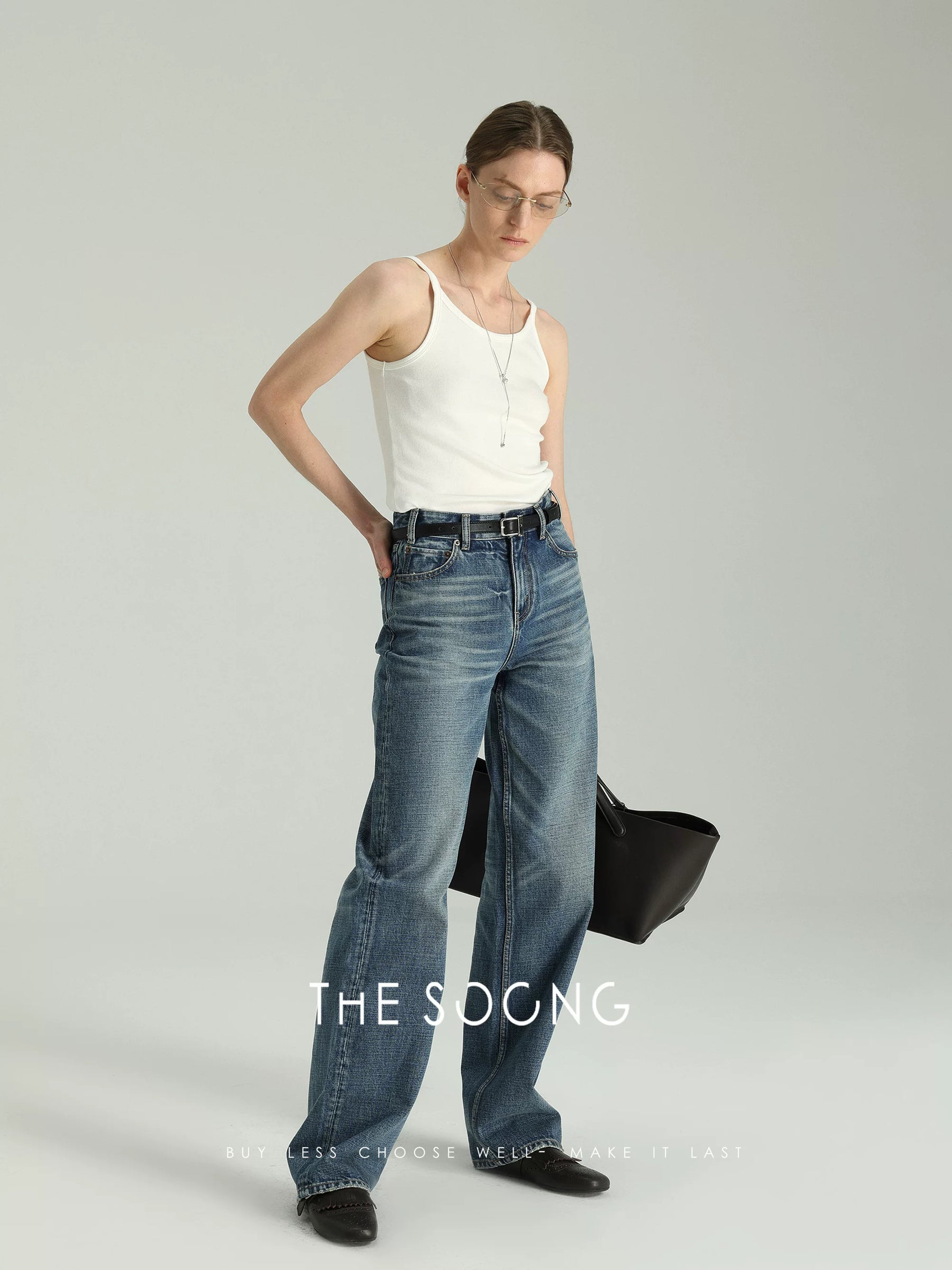THESOONG/C Brand Classic Hand-Brushed Cat Whisker Mid-High Waist Slimming Zipper New Straight-Leg Jeans for Women 6345