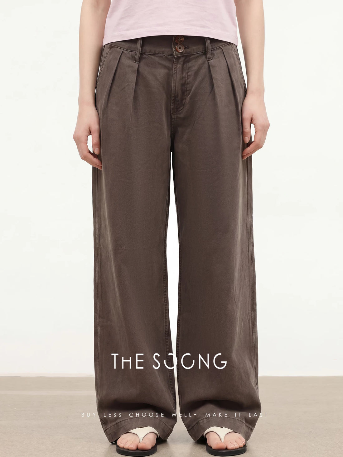 THESOONG/自在廓形 100%纯棉深灰咖调双活褶阔腿牛仔裤女7634
