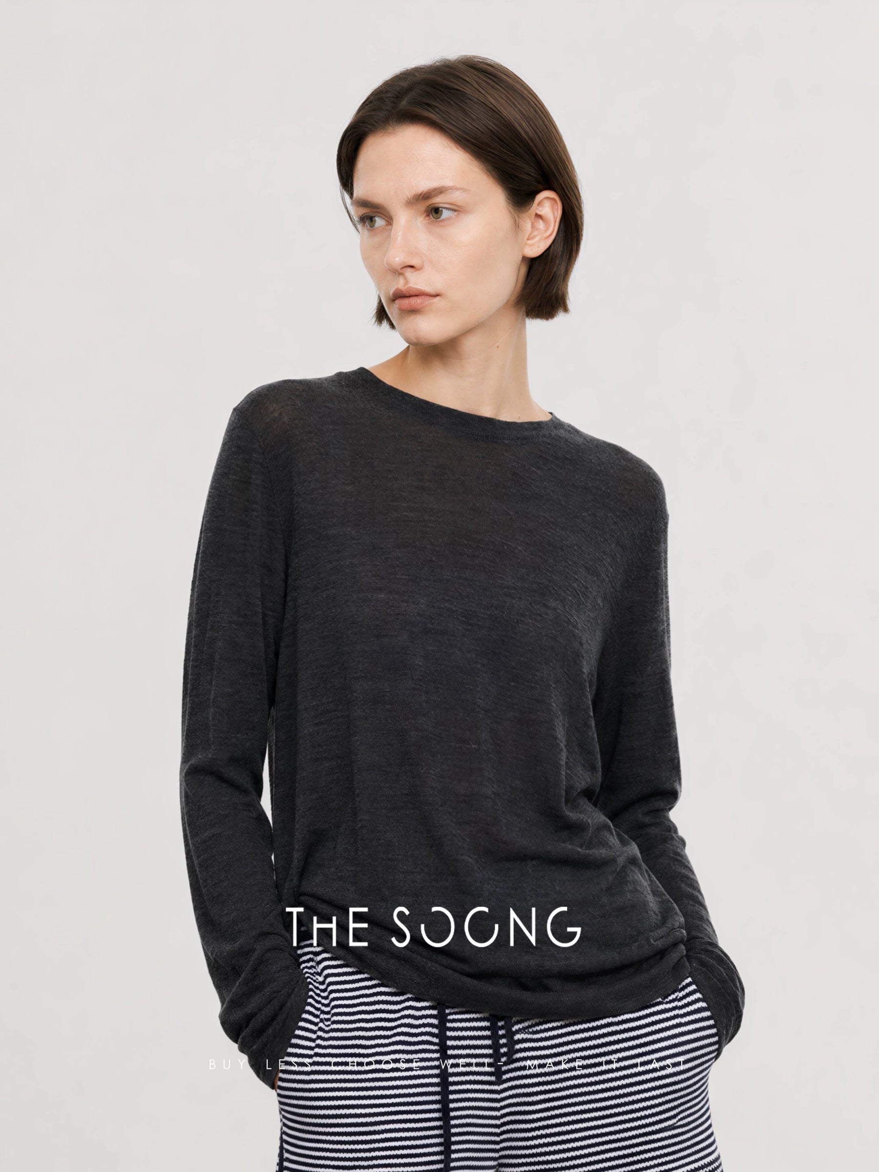THESOONG/Tactile Aesthetics: 100% Pure Wool, Finely Textured, Lightweight Crew Neck Long-Sleeve T-Shirt 8669
