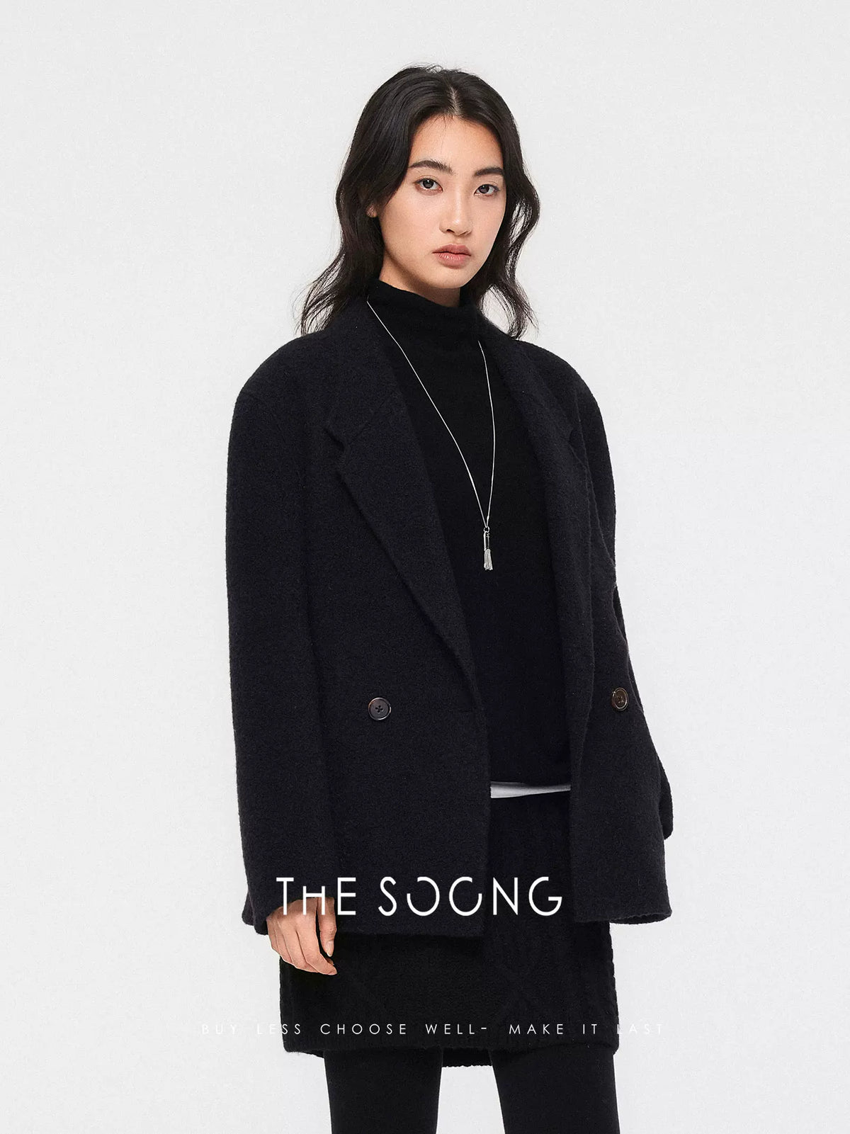 THESOONG/Autumn/Winter Black Wool Coat Women's Loose Thickened Warm Reversible Tweed Suit Jacket 7651
