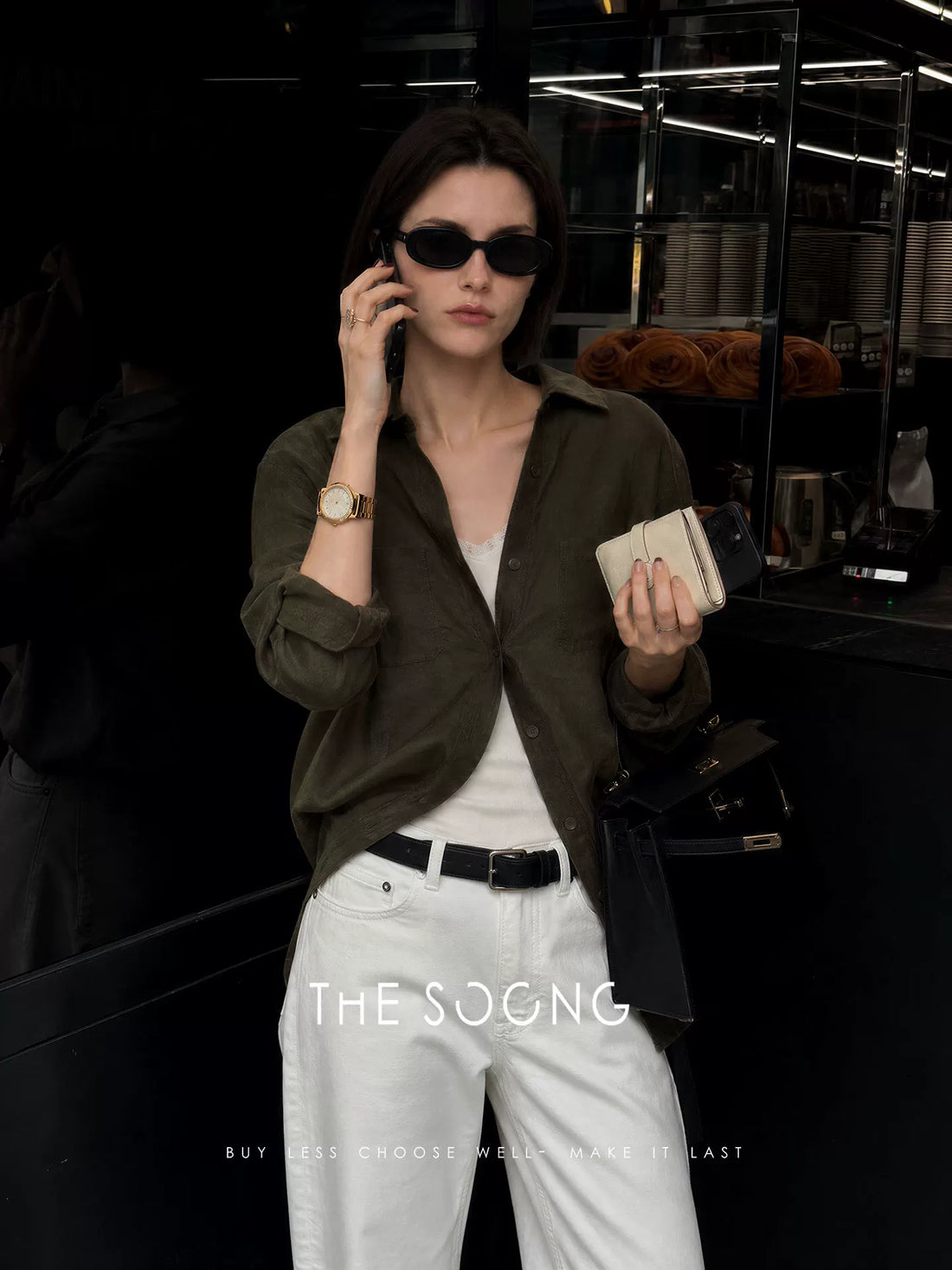 THESOONG/Lyocell Ramie Shirt for Women, Summer Olive Green Loose Long Sleeve Breathable Commuter Top 9406