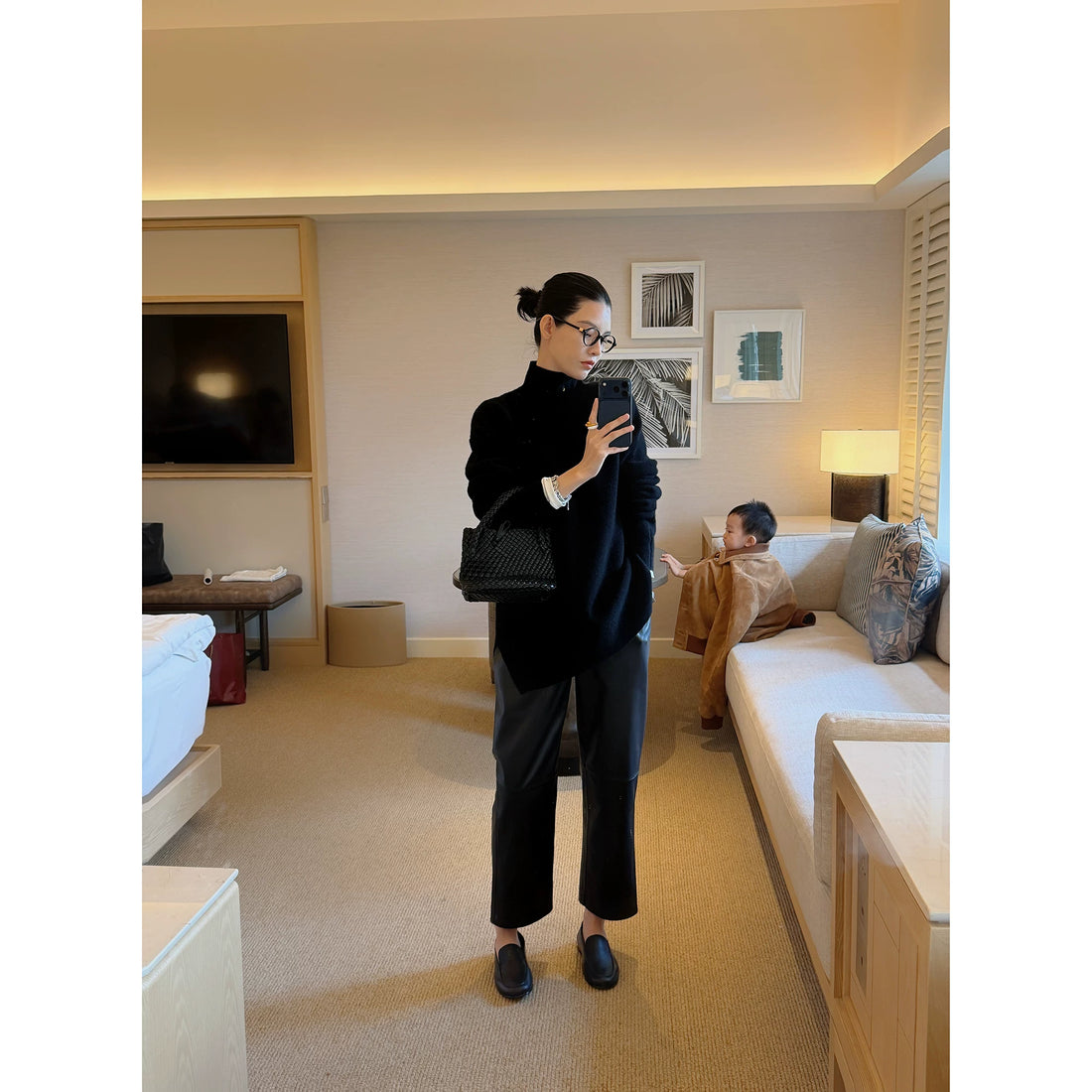THESOONG/"Danish imported calf leather" minimalist tailored fashionable versatile slimming black leather pants for women 8582