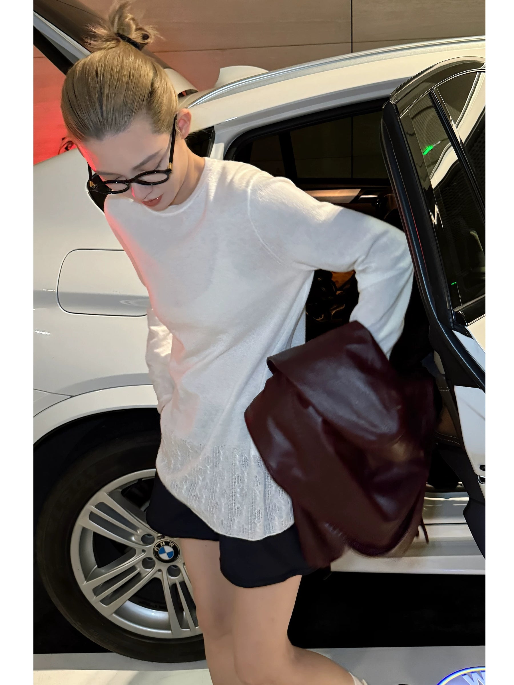 THESOONG/Cloud Fleece Soft Glow 90% Cashmere Silk Blend 14-Gauge Hollow Texture Crew Neck Sweater 8930