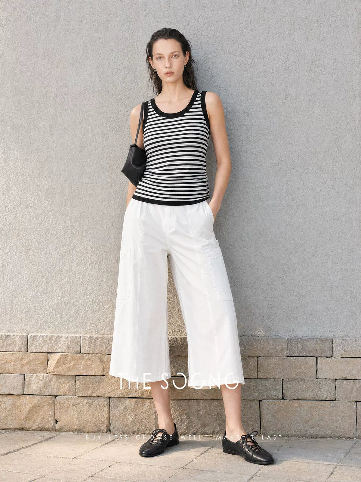 THESOONG/Relaxed Daily Three-Dimensional Patch Pocket Mid-Waist Slim Breathable Non-Stuffy Wide-Leg Capri Pants for Women Summer 9124
