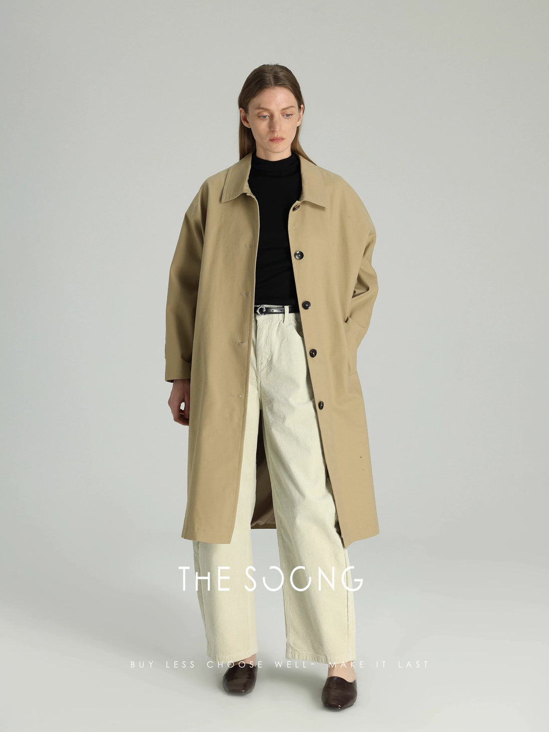 THESOONG / Old Milan 365g Woven Fabric Long Trench Coat Simple Horn Button Khaki Coat