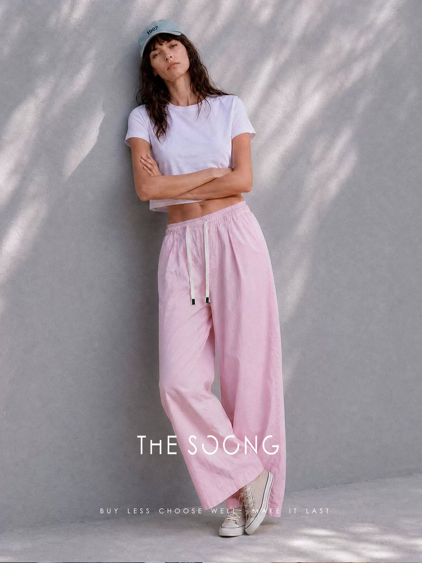 THESOONG/Lazy Relaxed Summer 100% Cotton Washed Faded Elastic Waist Wide-Leg Pants for Women 8905