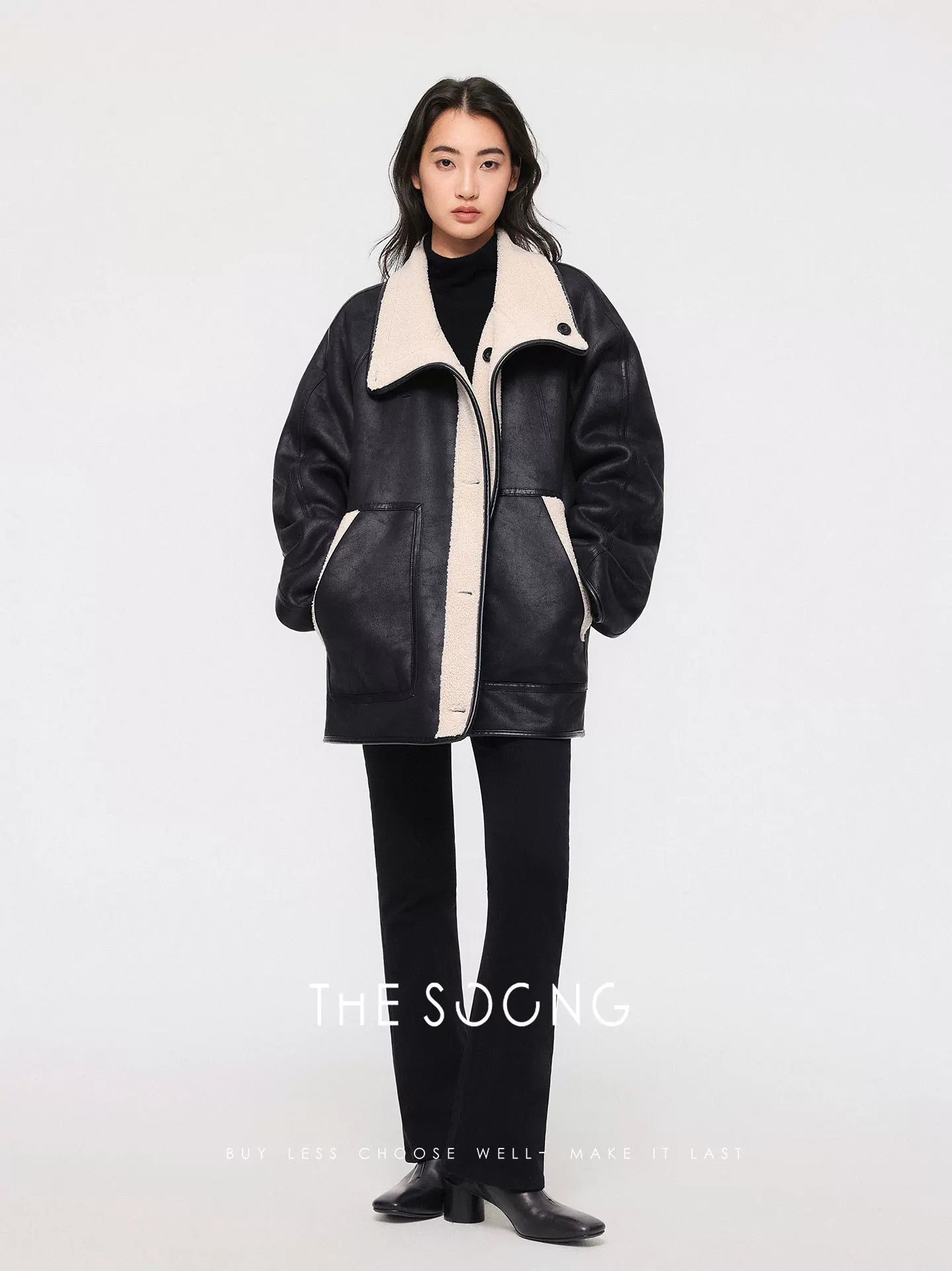 THESOONG / Annual Black Cow Thickened and Fleece-lined High-waist High-stretch Zipper Flared Black Jeans for Women 7929