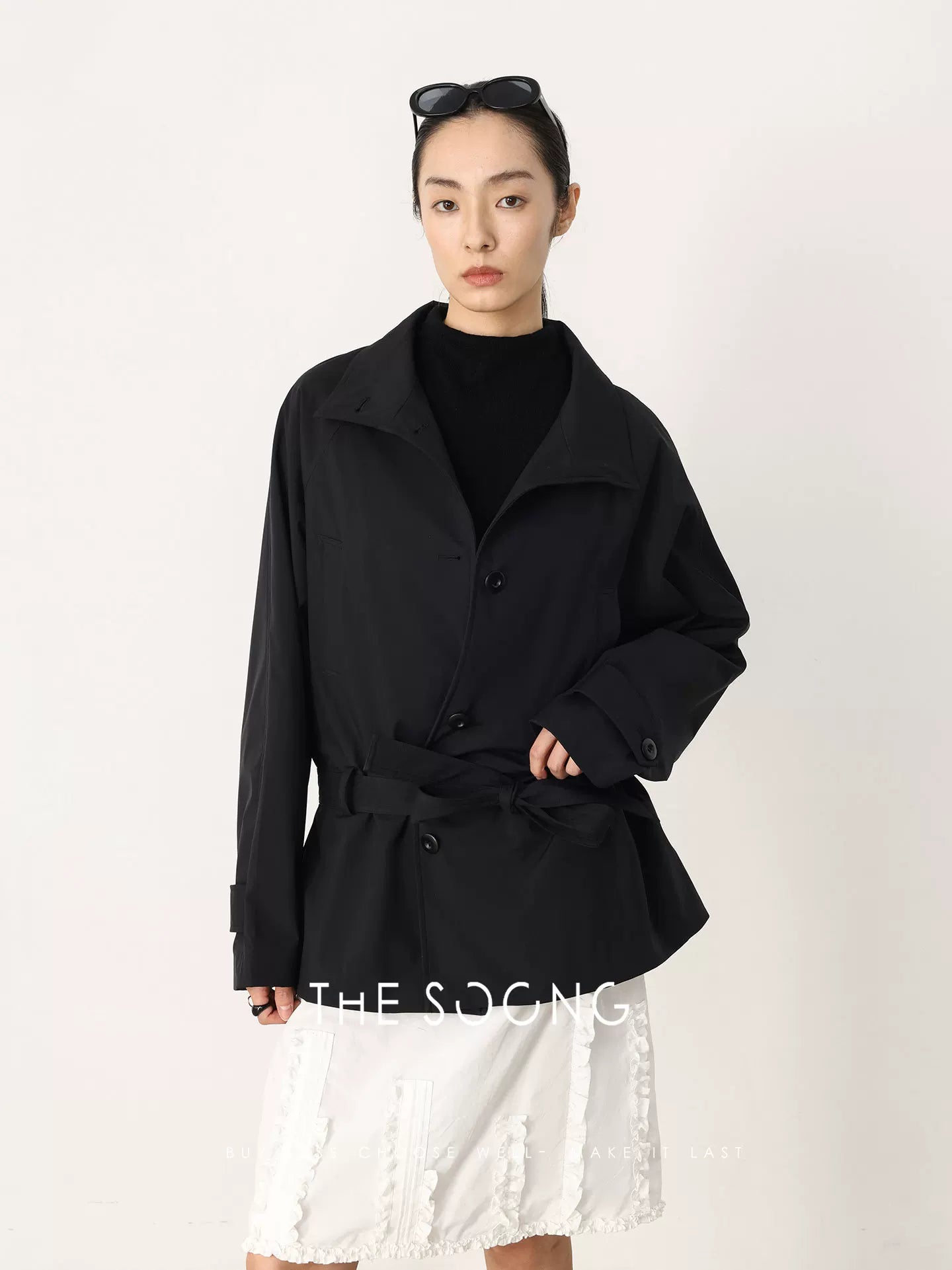 THESOONG/Early Spring New Minimalist Style Line-Sense Stand Collar Adjustable Waist Trench Coat HWWT8644