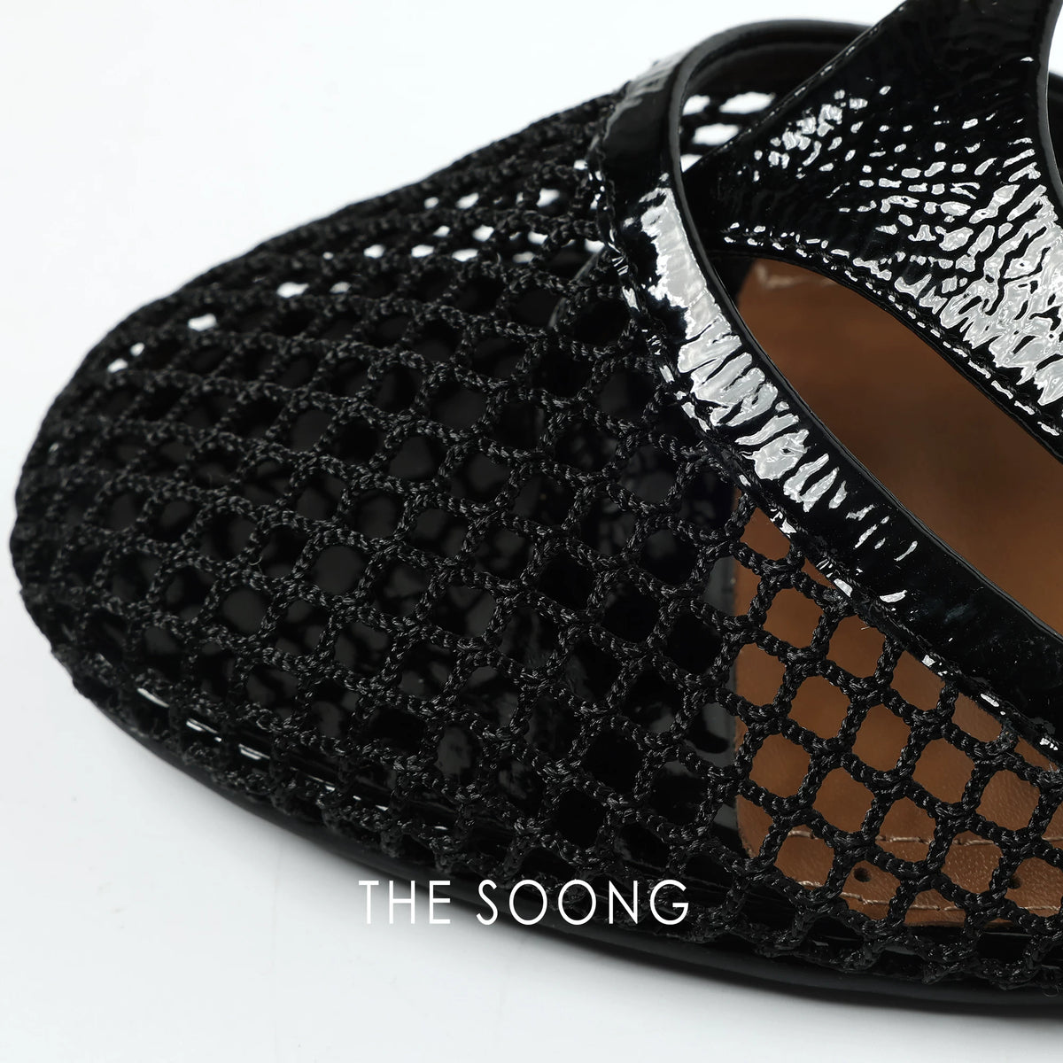 THESOONG/Leather Mesh Shoes Classic Hollow Breathable Fishnet Open-Toe Flat Slippers 7111
