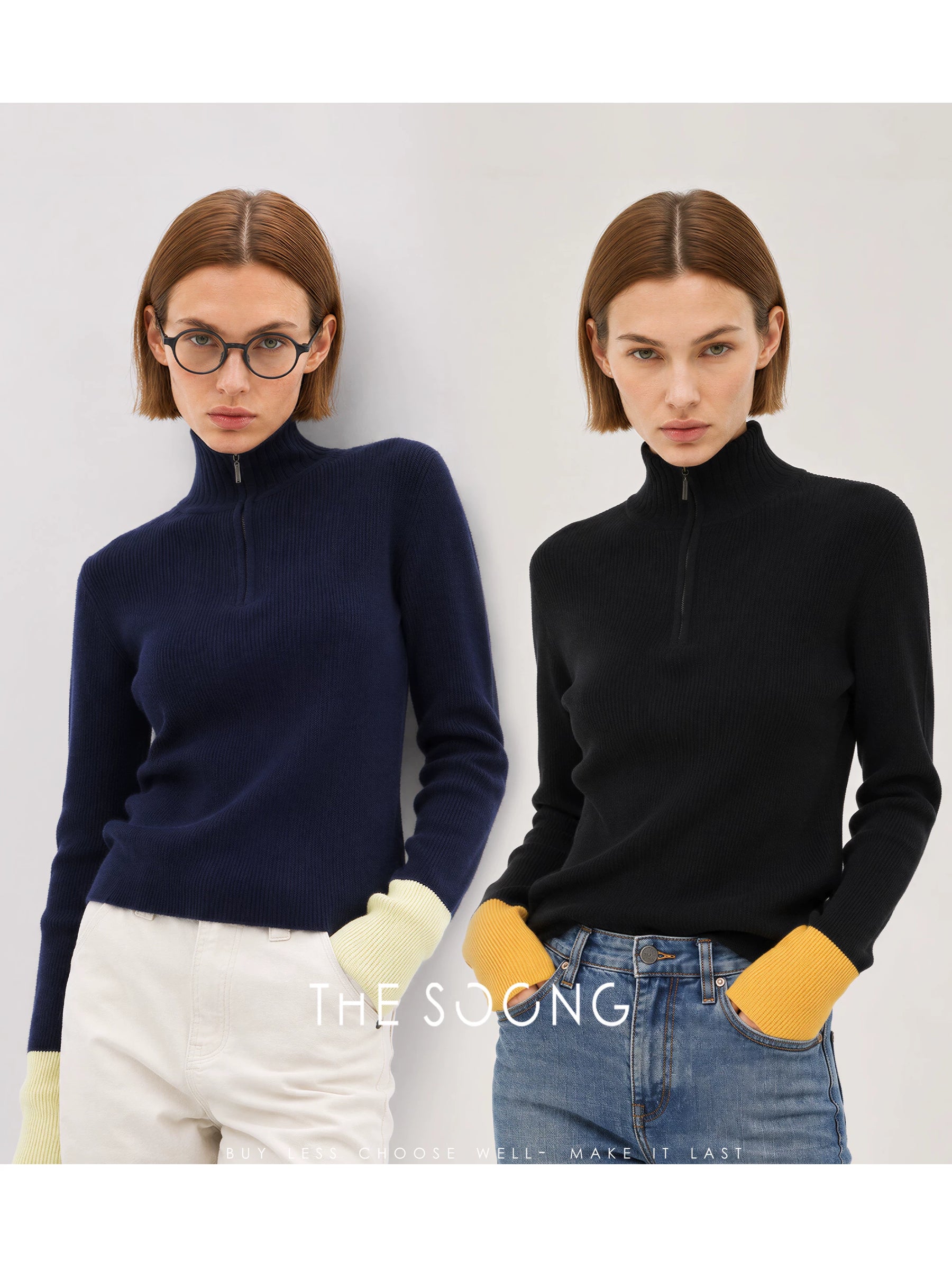 THESOONG / Early autumn new 100% merino wool 12G double-strand ribbed half-zip stand collar sweater 8985