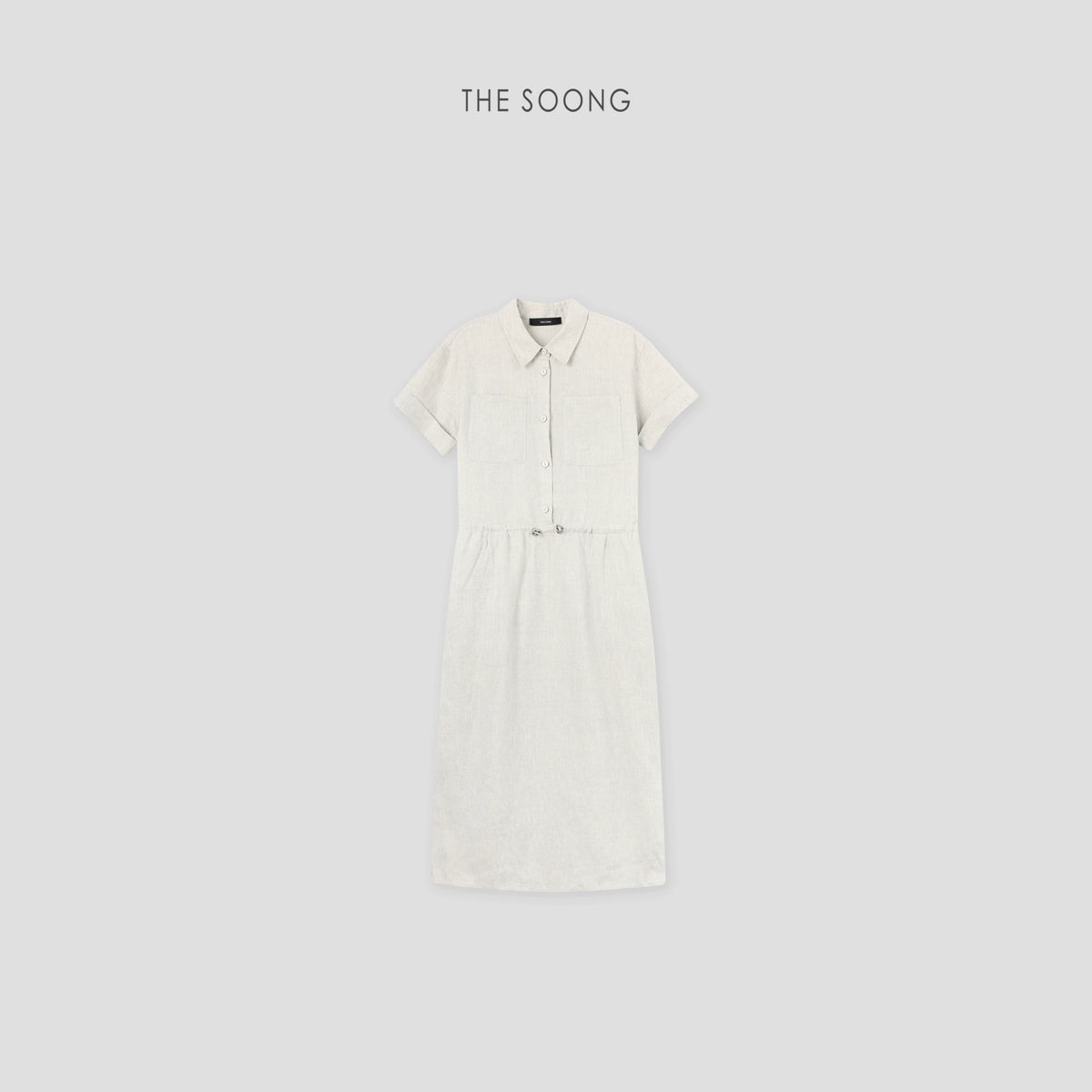 THESOONG/Shirt Dress: Summer Thin 100% Linen Washed Long Skirt Waist-Cinching Drawstring Dress 6732