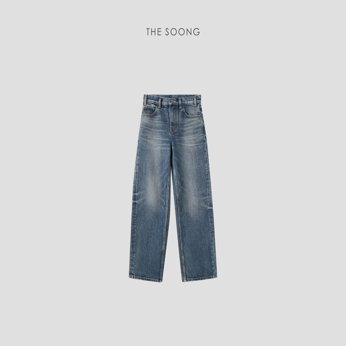 THESOONG/C Brand Classic Hand-Brushed Cat Whisker Mid-High Waist Slimming Zipper New Straight-Leg Jeans for Women 6345
