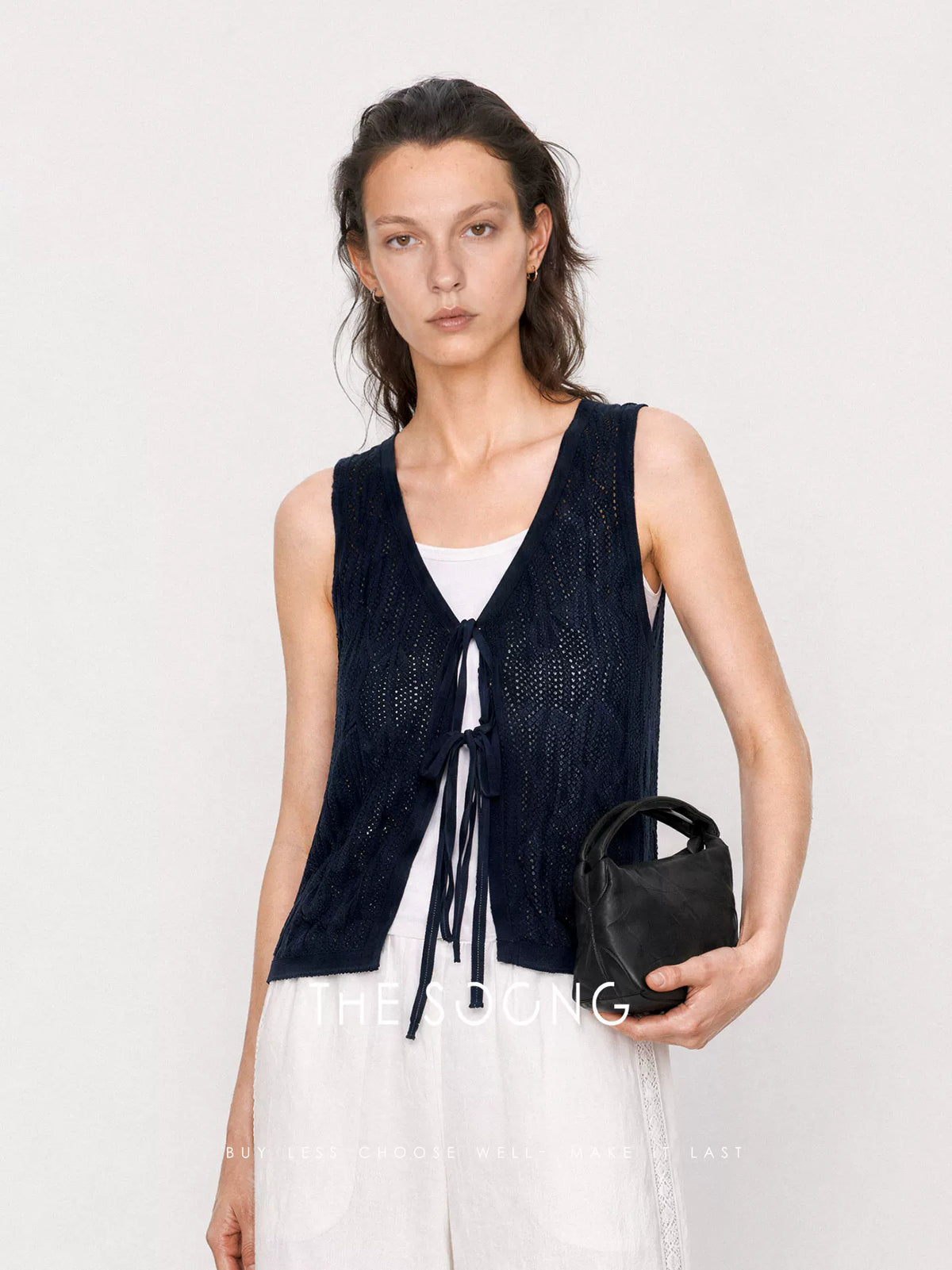 THESOONG / Island Stroll Breathable Skin-Friendly Navy Solid Loose Layered Knit Vest 9156