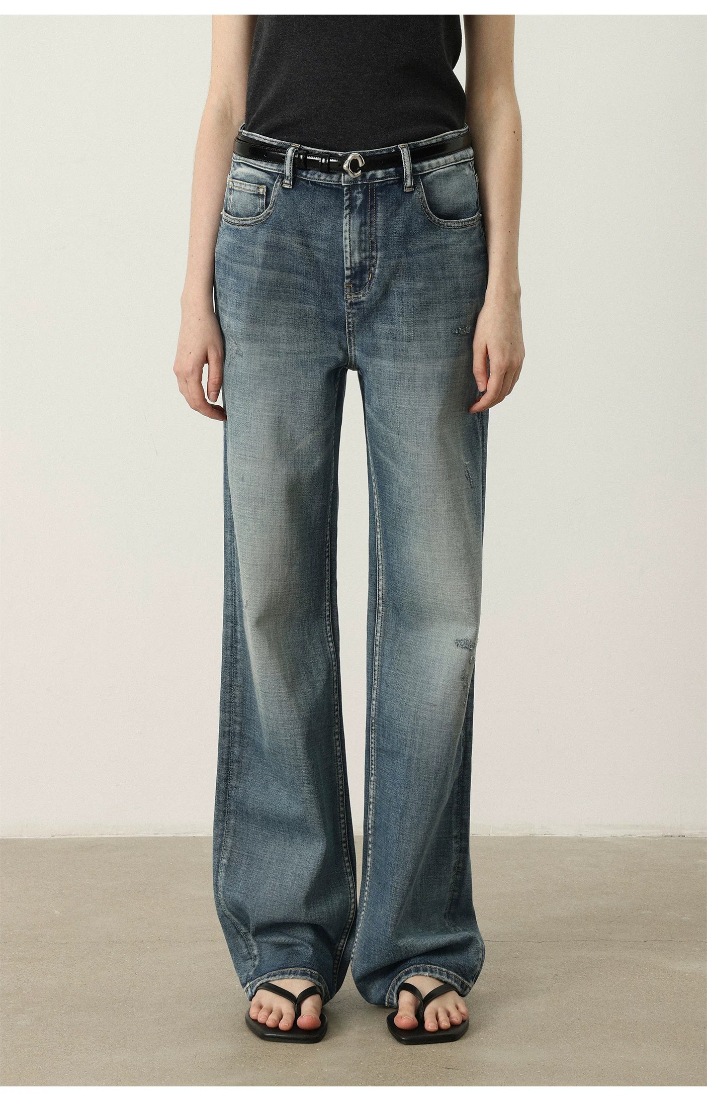 THESOONG / Italian Imported Denim Fabric Full Wash Sanded Cat Whisker Texture Jeans 7206