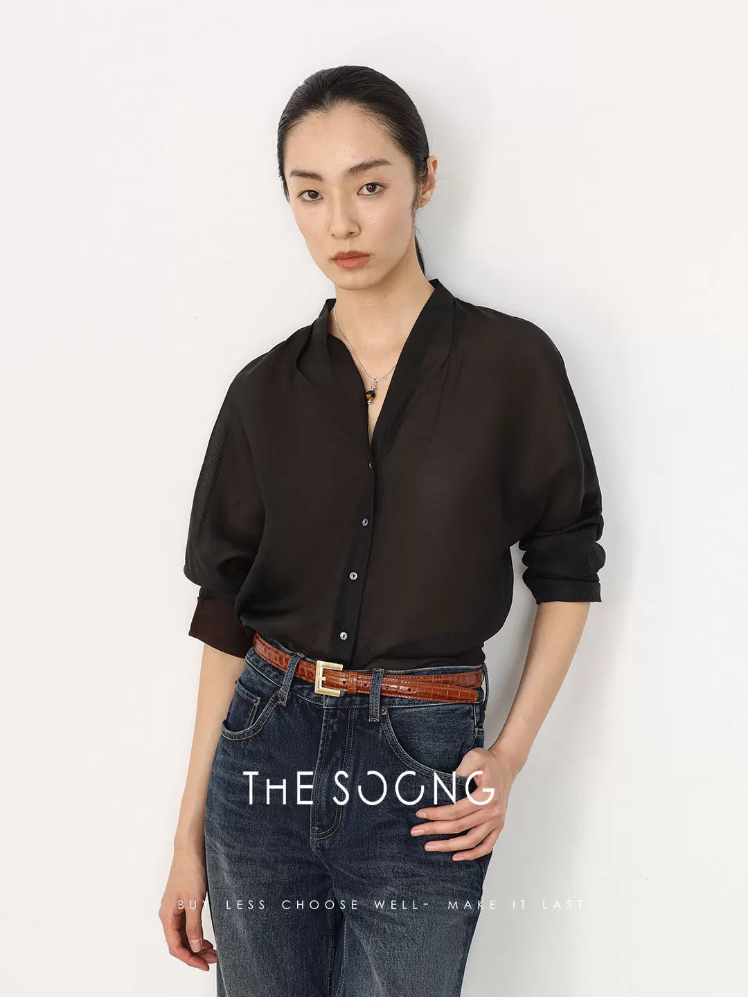 THESOONG / 100% mulberry silk long-sleeve shirt for women, slightly sheer, sexy, slim-fitting V-neck top HWCS8665