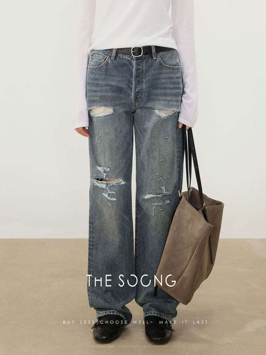 THESOONG/盐系口碑直筒牛仔裤女不规则拉须雅痞破洞做旧高腰7427
