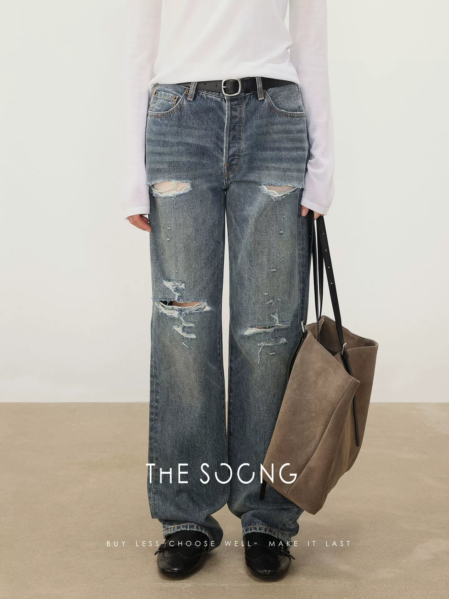 THESOONG/Salt-style well-regarded straight-leg jeans for women, irregular pull-out yuppie distressed distressed high-waisted 7427