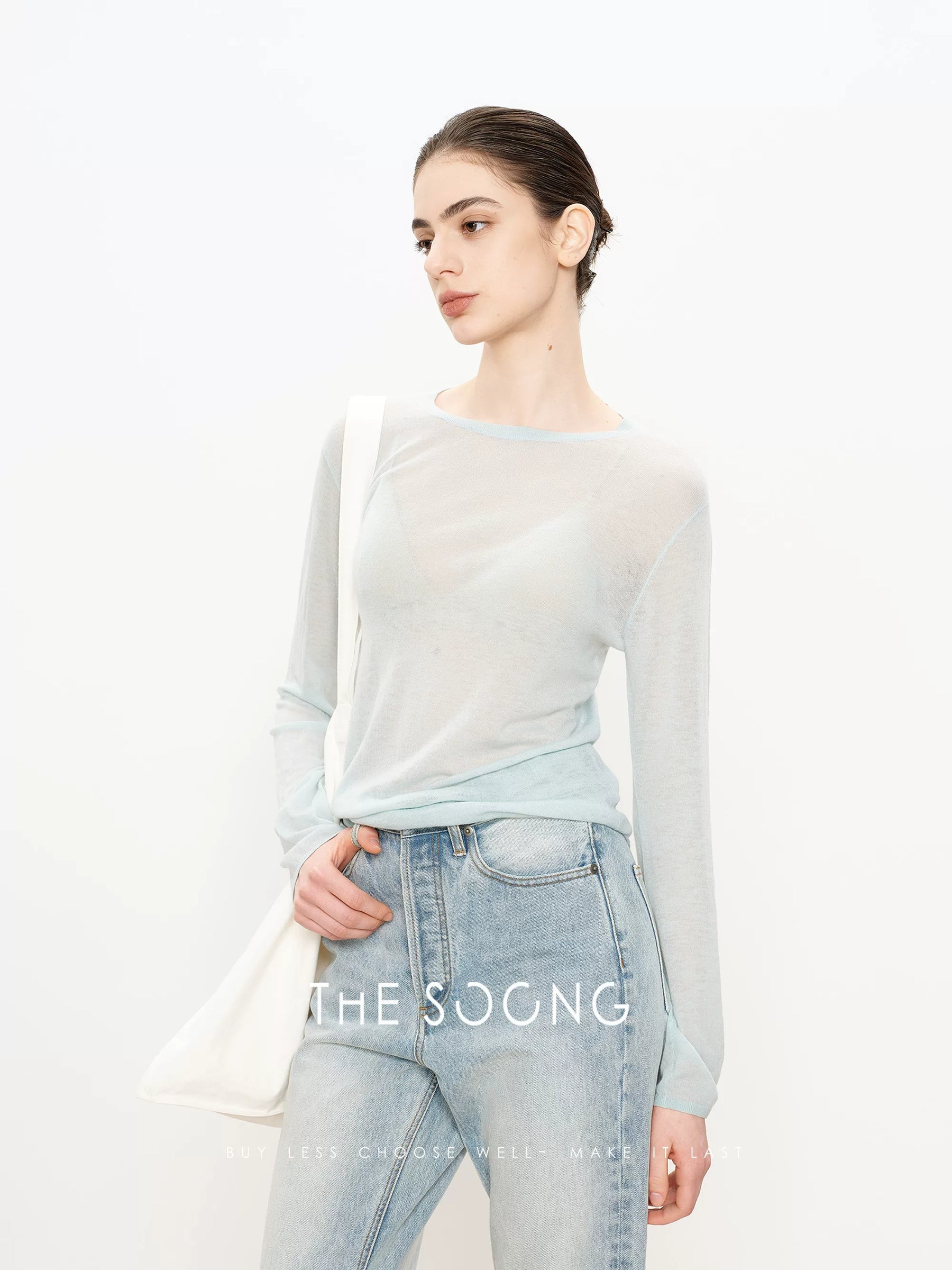THESOONG/Four-Season Favorite 100% Merino Wool Breathable Crew Neck Long-Sleeve Knit Air-Conditioner Sweater 6638