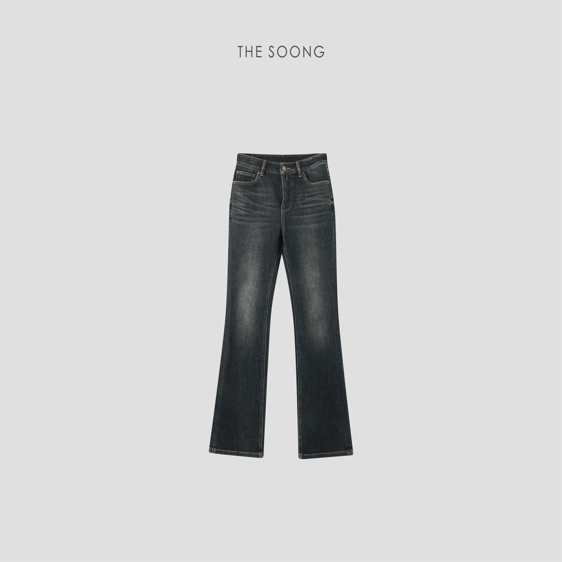 THESOONG/Everlasting Retro Sandwashed Line Sense Mid-Waist Stretch Flared Denim Jeans for Women 7077