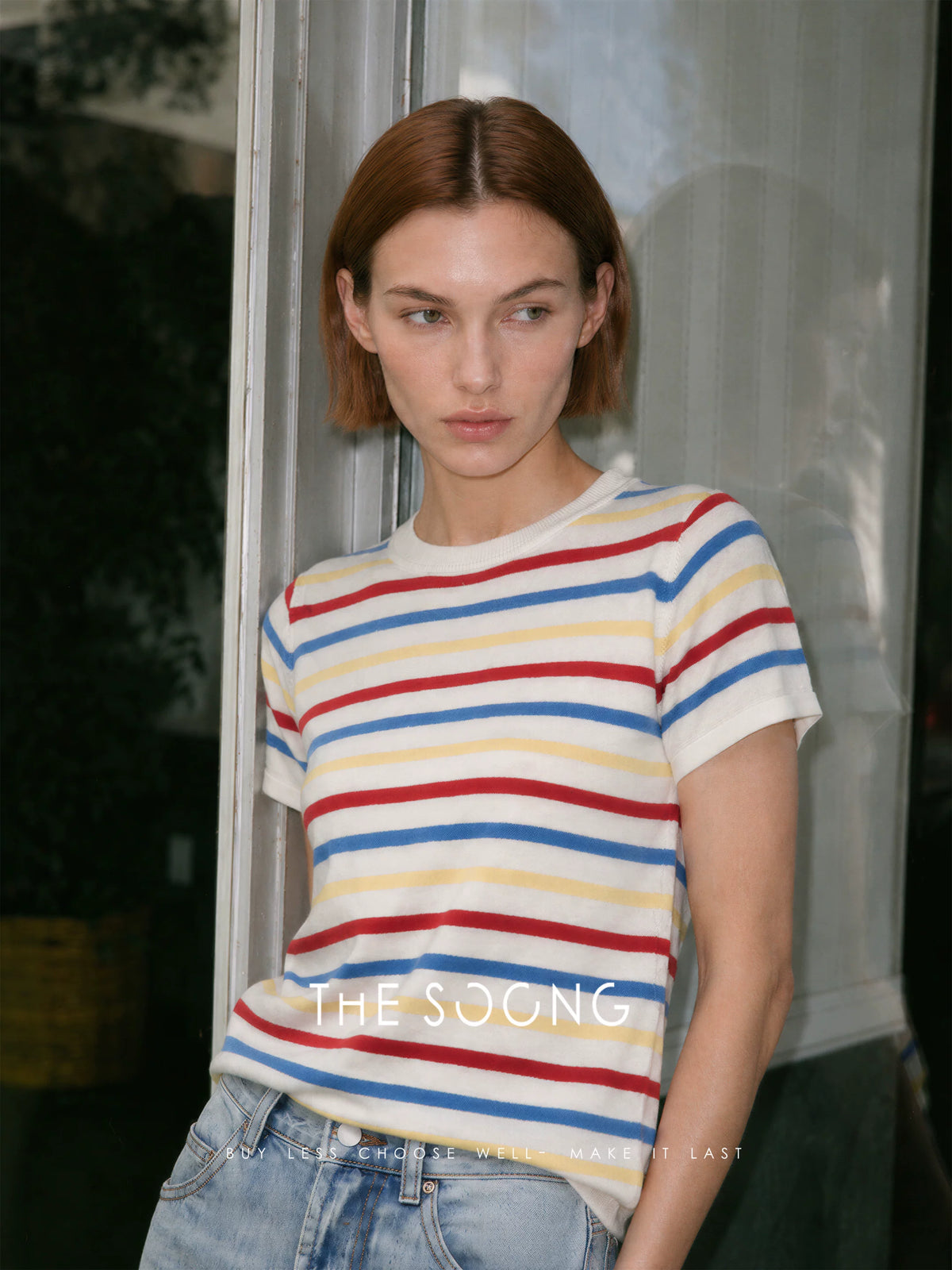 THESOONG / Rainbow Sweater Australian Imported 90% Wool High-Count Fine Knit Short Sleeve Striped Sweater for Women 9041
