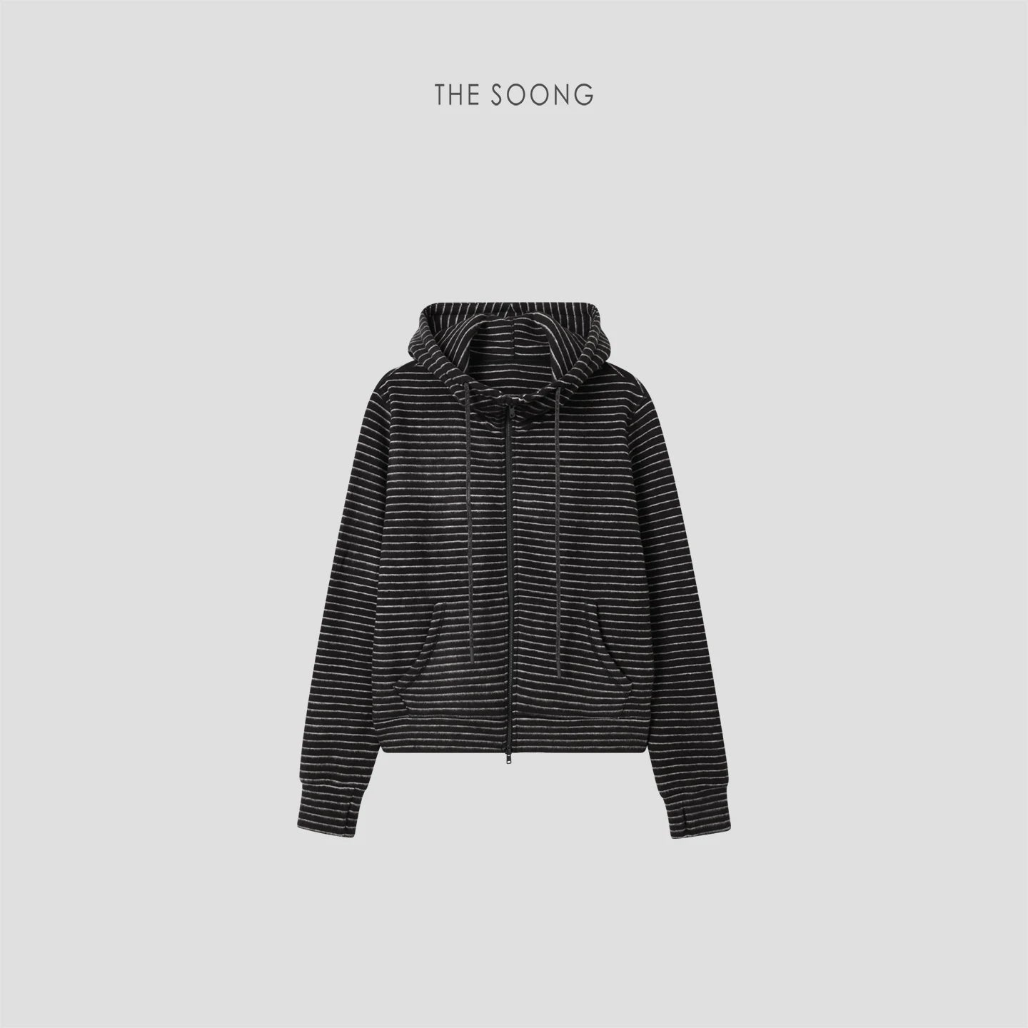 THESOONG / Wool and Fleece Self-Heating Shrink Temperature Adjustable Zipper Hoodie Striped Short Cardigan Sweatshirt Jacket for Women