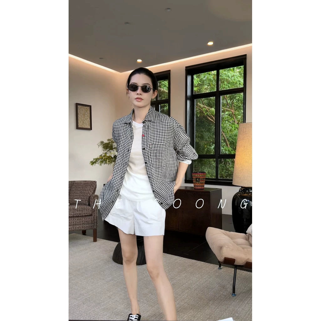 THESOONG/Everlasting classic 100% cotton lightly pleated polo collar women's plaid shirt jacket 4879