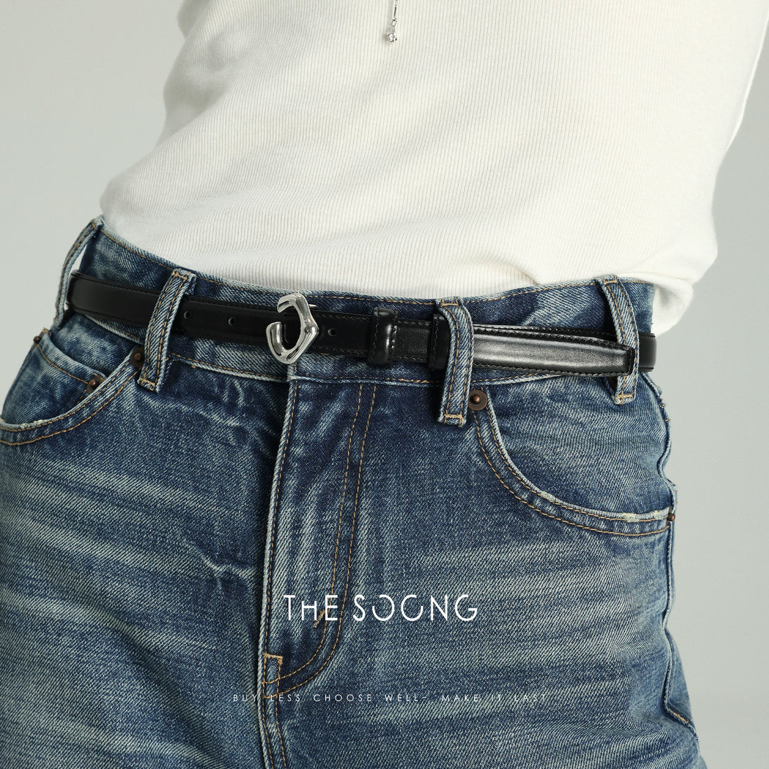 THESOONG/Classic C-shaped top layer leather, glossy versatile buckle thin leather belt 6492