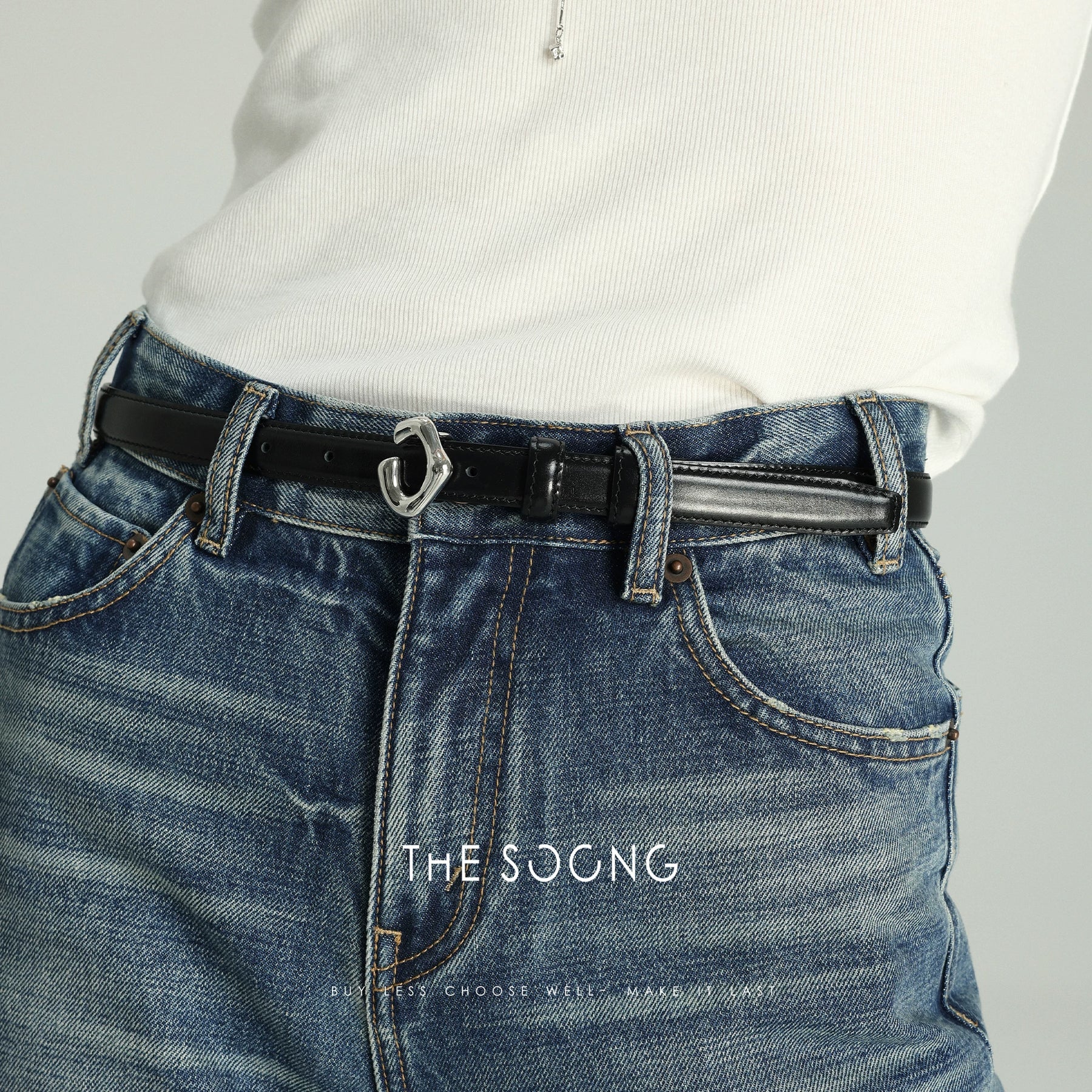 THESOONG/Classic C-shaped top layer leather, glossy versatile buckle thin leather belt 6492