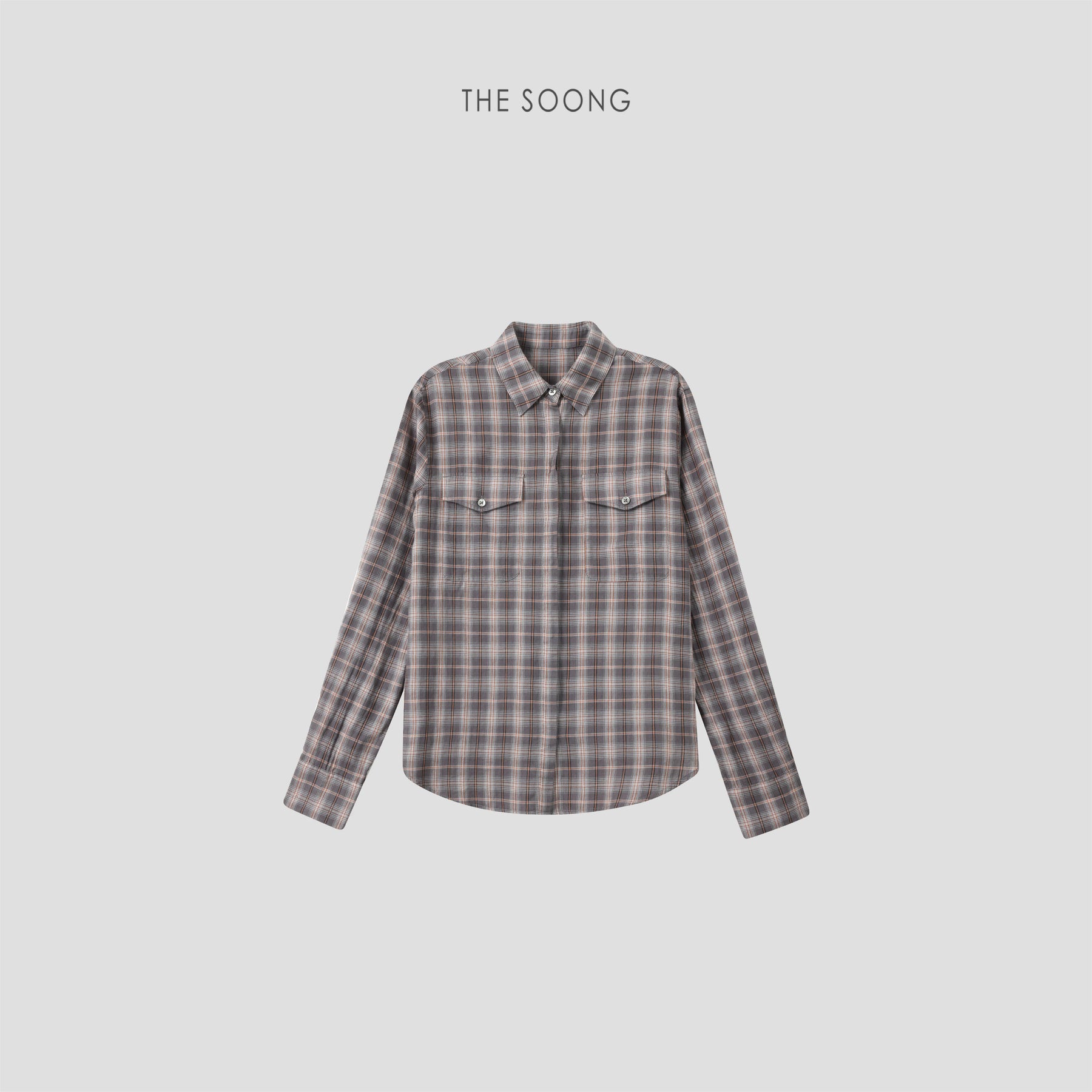 THESOONG/Plaid Order Double-Patch Pocket Long-sleeve Shirt for Women, Plaid Shirt, Summer 7682